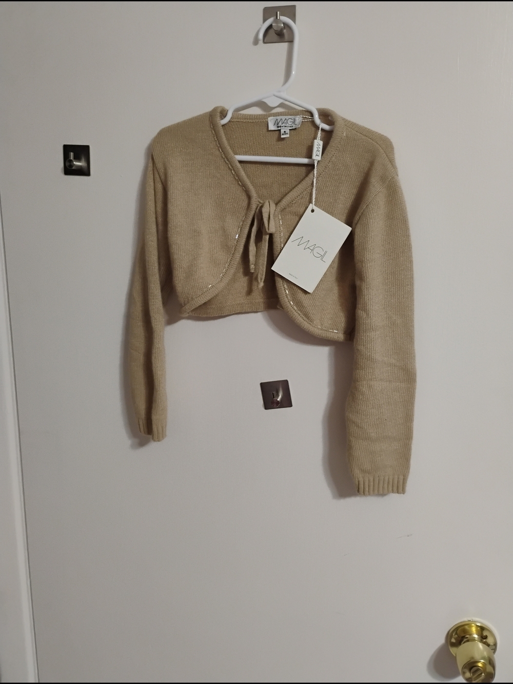 Magil Cropped Tie-Front  Sweater Cardigan in Beige